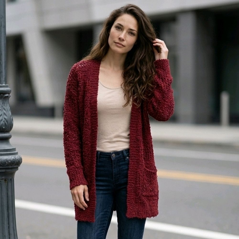 Chunky Red Chenille Cardigan Cozy Popcorn Knit Open Front Sweater S/M Hygge Chic